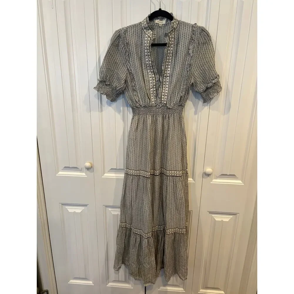 Max Studio White, Yellow and Black Short Sleeve V Neck  Maxi Dress Size Small‎